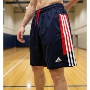 adidas Men's Dark Blue Athletic Shorts with Red Accents